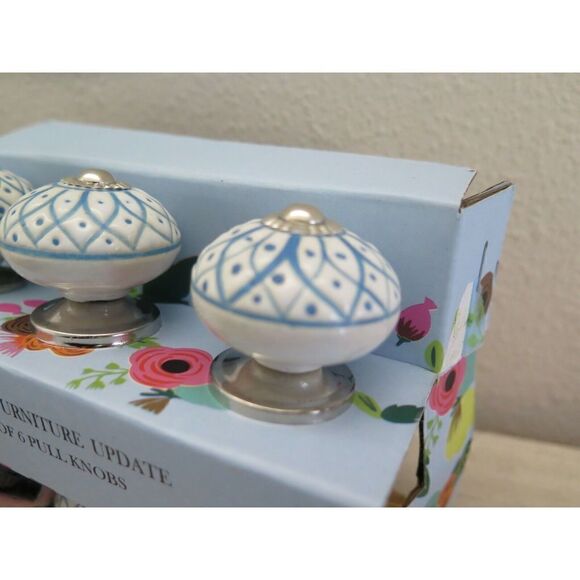Instant Furniture Update Blue & White Geometric Ceramic Pull Knobs, Set Of 6 - Picture 7 of 9